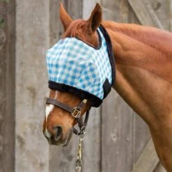 Mackey Equine Accessories Modern Vintage Turquoise Gingham Mesh Fly Mask With Fleece Binding